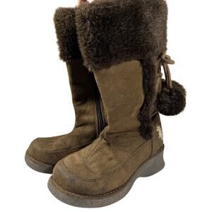 U.S Polo Assn Little Girls 13 Brown Suede Boots Faux Fur Lining Pom Poms Wedges